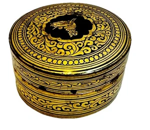 Vintage Burmese Black Lacquer Gold Painted Round Wooden Box - Picture 1 of 23