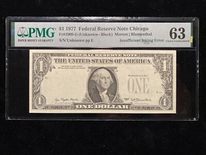 1977 Insufficient Inking Error $1 Note PMG Uncirculated CU63 Missing Print Bill - Picture 1 of 2