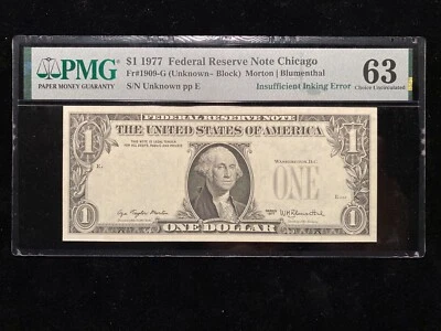 1977 Insufficient Inking Error $1 Note PMG Uncirculated CU63 Missing Print Bill - Image 1 of 2