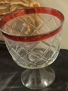Vintage Indiana Glas Klar Gitter Geometrisch Rubin Band Fuß Kleinigkeit Schale H. 9 Zoll - Bild 1 von 9