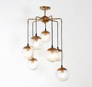 Mid Century Modern Bubbles Chandelier Brass and Glass Ceiling Light Lamp '70s - Picture 1 of 6