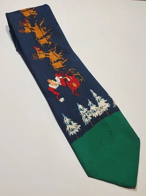 Vintage Hallmark Santa Sleigh with Reindeer Christmas Necktie Yule Tie Greetings - Image 1 of 4