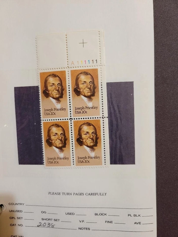 US Stamps Scott 2038 Plate Block Of 4 Joseph Priestley MNH OG 20c 1983 - Image 1 of 1