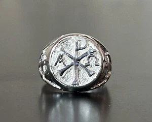 Chi Rho Anker Kreuz Christus christliches Symbol Silber schwer Herrenring Siegelring - Bild 1 von 10
