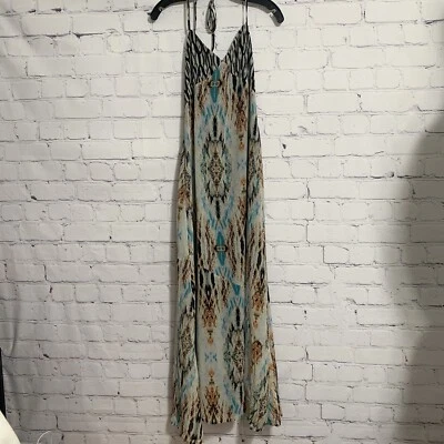 Vestido maxi feminino Guess 4 multicolorido abstrato gola V transparente sobreposição gola redonda - Imagem 1 de 3
