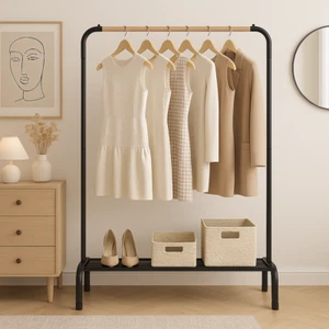 Heavy Duty Garment Rack with Wood Rod, Carbon Steel Frame, Storage Shelf - Picture 1 of 9