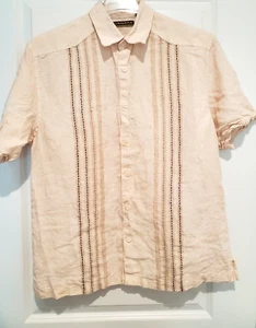 Cubavera Men's L 100% Linen Button Up Short Sleeve Shirt Beige With Pattern - Picture 1 of 8