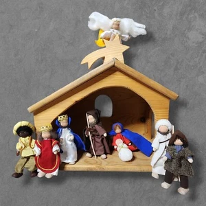 Magic Cabin Kathe Kruse Christmas Nativity Wood Manger and 9 Handmade Dolls - Picture 1 of 12