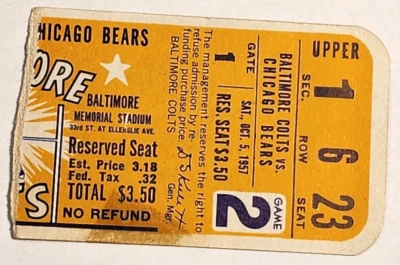 Talón de boleto de colección 5 de octubre 1957 Baltimore Colts vs Chicago Bears Unitas 2 TD Foto 1 de 2