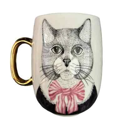 NEW PIER 1 Old Fashioned Granny Cat in Bowtie Gold Handle Tall Porcelain Mug - Image 1 of 4