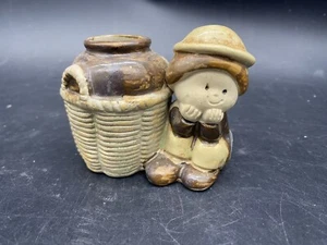 UTCTI Bud Vase Japan Child With Basket Figurine Small Brown Beige Stoneware - Picture 1 of 14