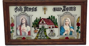 Arte en papel aluminio vintage enmarcado en vidrio Jesús y María religioso "Dios bendiga nuestro hogar" - Imagen 1 de 15