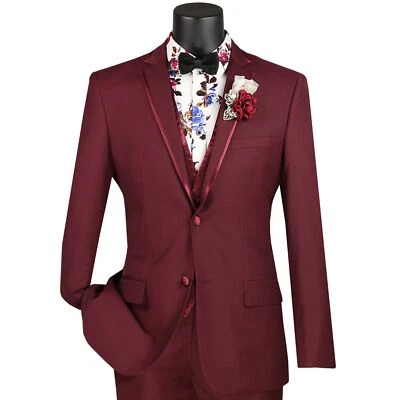 VINCI Men's Burgundy 3pc 2 Button Slim Fit Tuxedo Suit w/ Matching Vest NEW - Image 1 of 4