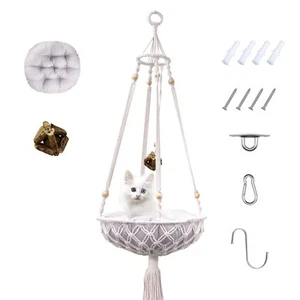 Macrame Hammock, Handwoven Boho Cat Swing with Hanging Kit for Indoor Outdoor... - Picture 1 of 6