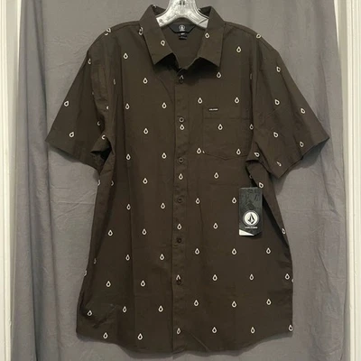 VOLCOM Patterson Geometric Print Short Sleeve Dark Brown Cotton Shirt Sz L - NWT - Image 1 of 4