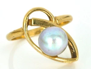 VINTAGE BEAUTIFUL 14K K14 MODERNIST YELLOW GOLD RING SIZE 6 JAPANESE PEARL 3.5G - Picture 1 of 1