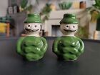 A Pair Of Vintage Green Suit Mustache Men Ceramic Candle Holder Figurines