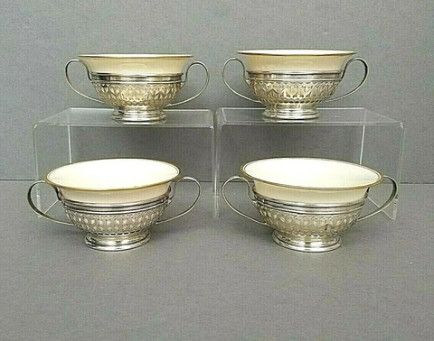 4 Cream Soup Bouillon Bowls Gorham Sterling Silver Lenox Liners Cover