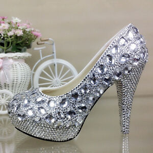 Crystal Sparkly Bridal High Heel Wedding Bridesmaid Prom Shoes bling size 5-12