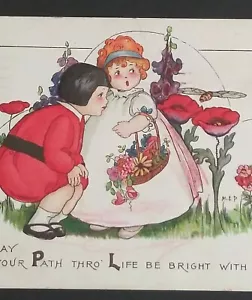 Margaret Evans Price Embossed Girls in Field w/ Flowers Stecher Postcard 1921 - Picture 1 of 6