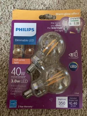 Philips 40w Clear G16.5 LED Light Bulbs Candelabra Base Dimmable Warm Glow 2-Pk - Image 1 of 2