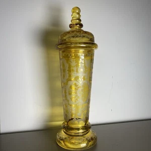 Bohemian Czech gelbe Braunglas Vase mit Deckel graviert Schwan Hase Hirsch - Bild 1 von 20
