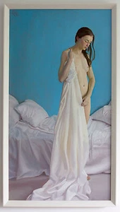 Original Framed Oil Painting Female Nude Girl bedroom white sheets artwork - Picture 1 of 1