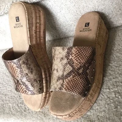 White Mountain Nude/Brown Snakeskin Print Slide Platform Wedge Sandals Sz 7 NEW - Image 1 of 4