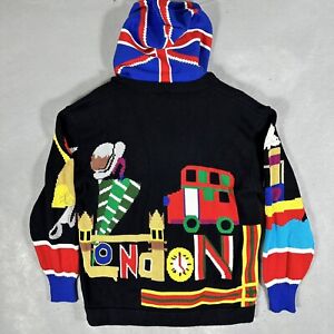 Vintage JACK B. QUICK Knitted Sweater London Theme With Hood Size L Heavyweight