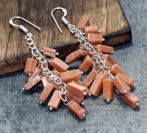 Orange Aventurine 925 Silver Plated Beaded Gemstone Earrings 3.2" AU c060 - Picture 1 of 3