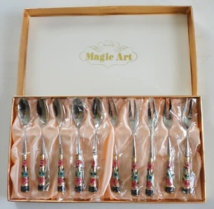 1990 Mint In Box 10 Stainless Steel Cloisonne Spoons & Forks Korea Institute Lee - Picture 1 of 6