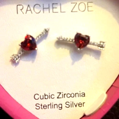 Aretes Rachel Zoe Plata Esterlina Corazón Flecha Rubí Rojo Circonita cúbica 925 San Valentín Foto 1 de 2