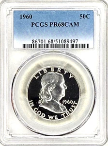 1960 PROOF FRANKLIN HALF DOLLAR PCGS PR68 CAM, BRILLIANT, NO SPOTS OR HAZE - Picture 1 of 2