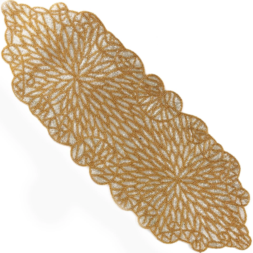 金属珠桌旗 13x36 英寸 - 玻璃串珠和涤纶手工... — 第 1/4 张图片