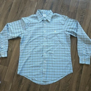 Brooks Brothers L Mens Plaid Button Down Shirt Blue Yellow Logo Long Sleeve Slim - Picture 1 of 7