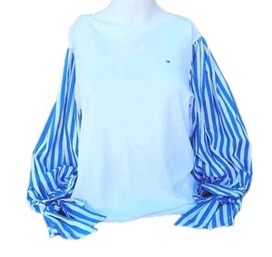 RTL $69 Tommy Hilfiger Long Blue Striped Puffy Sleeve White 100% Cotton SzL Top  - Picture 1 of 9