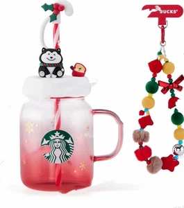 Starbucks Christmas Mason Jar Mug Husky Topper Glass Cup with Candy Cane Stirrer - Picture 1 of 3