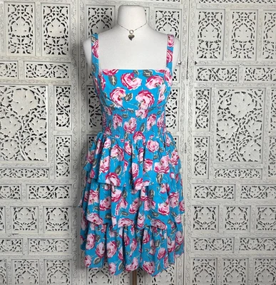 Betsey Johnson Pink & Blue Floral Coquette Tiered Sleeveless Dress Sz Small - Image 1 of 4