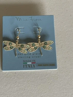 PENDIENTES LIBÉLULA PLATA ESTERLINA CHAPADOS EN ORO 18 KT MIA FIORE ITALY 1,5” Foto 1 de 4