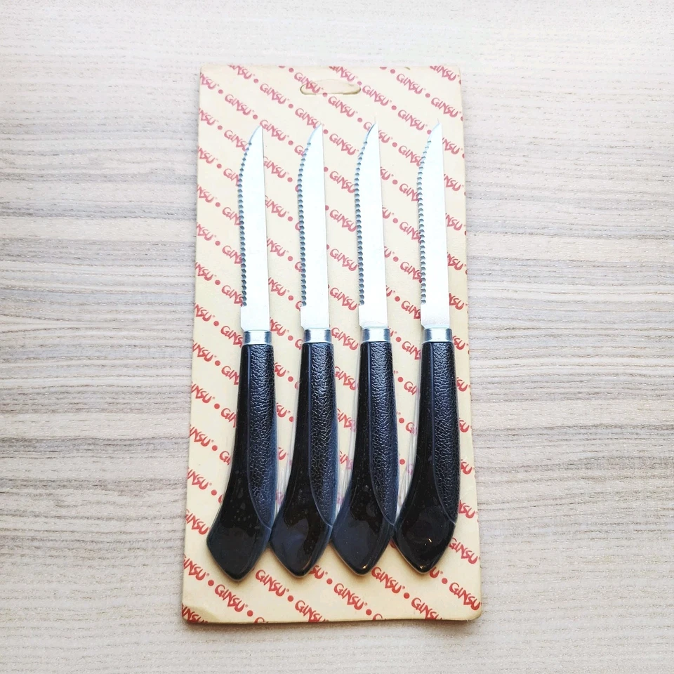 Cuchillos para carne Ginsu vintage (juego de 4, precintados) mangos marrones, dentados  Foto 1 de 3