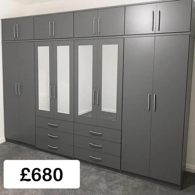 Brand New Big Grey 10ft Wide 8 Doors Wardrobe With Top Boxes FREE FITTING ❤️ - Image 1 of 4