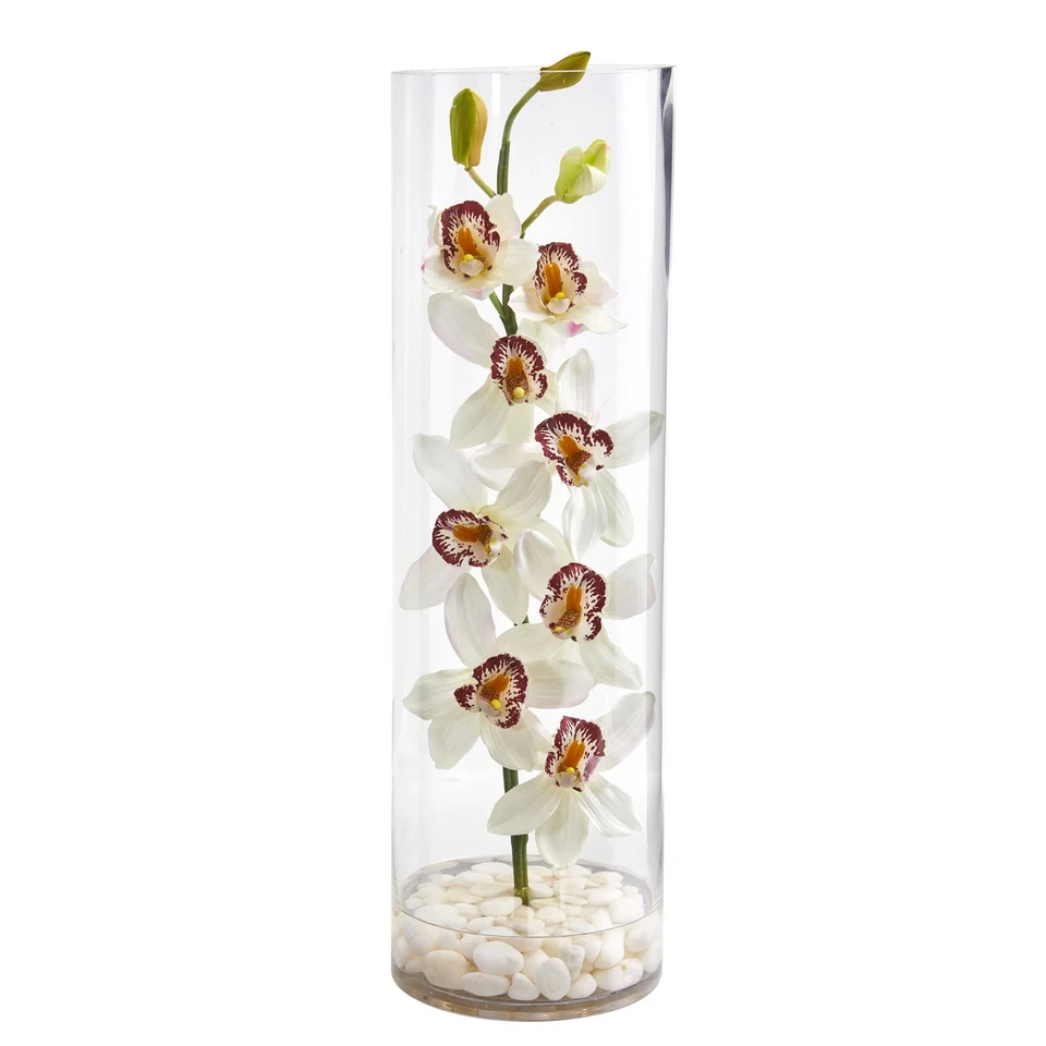 Nearly Natural Cymbidium Orchid Artificial Arrangement in Tall Cylinder Vase - Image 1 of 1