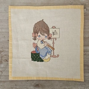 Vintage Nadelspitze Wandbild fertige Musikflöte kleines Mädchen 70er Jahre  - Bild 1 von 5