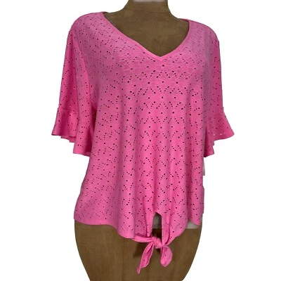 89 Madison Pink Eyelets Shirt Womens Plus Size 2X Casual Stretch Knot Hem Top - Image 1 of 4
