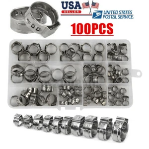 100pcs Assorted Hose Clamps Stainless Steel Ear Cinch Rings Crimp Pinch Kit - Picture 1 of 17