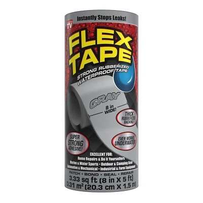 Flex Tape, 8 in x 5 ft, Gray, Original Thick Flexible Rubberized Waterproof Tape