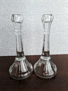 Vintage Pair Candlestick Holders Glass 7.75 Inch Tapered Middle Rounded Facets - Picture 1 of 15