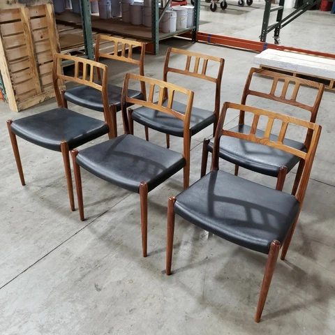 Moller 79 Dining Chairs Set of 6 Teak with Black Leather Danish Modern Cover