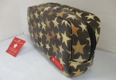 Bolsa de cosméticos de lona recubierta estuche de maquillaje marrón con cremallera alrededor diseño con estampado de estrellas Foto 1 de 3