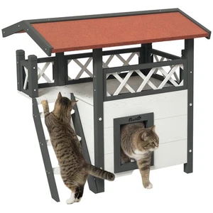 PawHut Outdoor Cat House w/ Balcony Stairs Roof, White - Picture 1 of 12